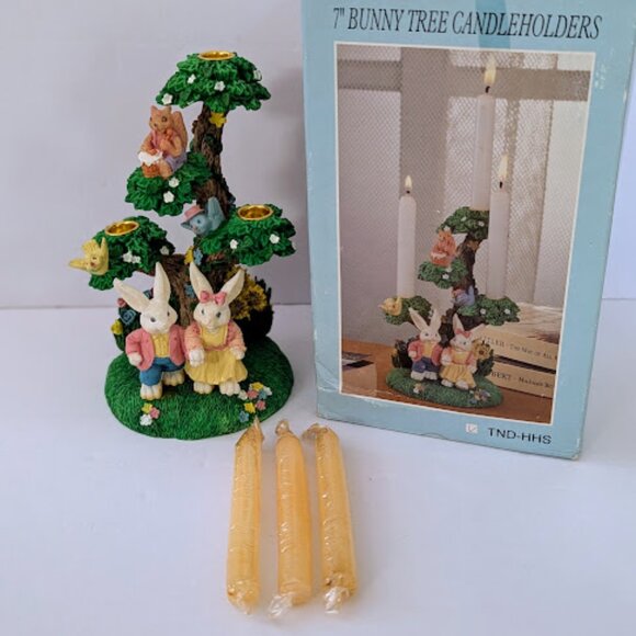 Vintage Ceramic Bunny Tree Candleholders 7 Inch Spring Easter Decor - Picture 1 of 7